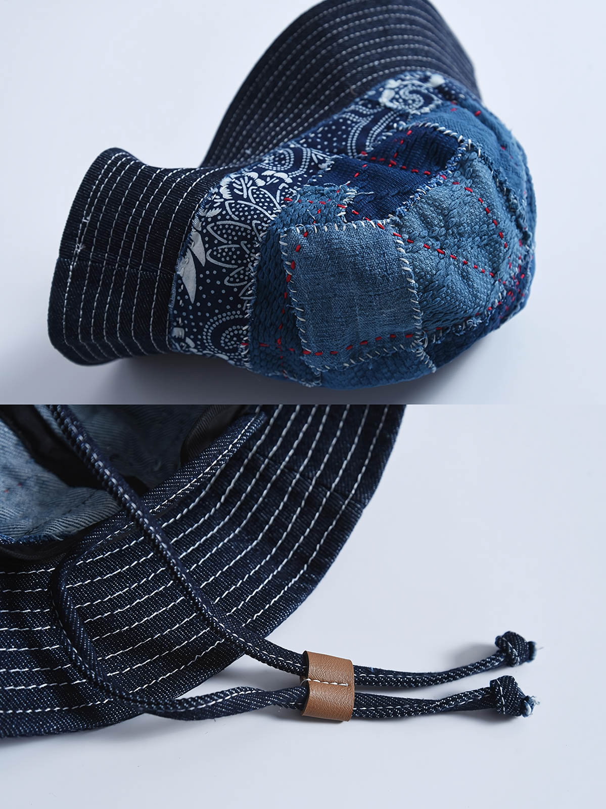 製品画像: ハンドメイド 古布パッチワーク 藍染め 剣道着生地 バケットハット。藍染めと剣道着生地を組み合わせた一点物のバケットハットの全体展示図。
詳細画像: 丁寧なパッチワークディテールと、剣道着生地の風合いを引き立てる細かなステッチのクローズアップ。