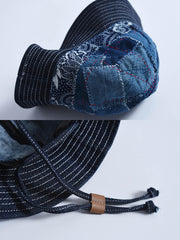 製品画像: ハンドメイド 古布パッチワーク 藍染め 剣道着生地 バケットハット。藍染めと剣道着生地を組み合わせた一点物のバケットハットの全体展示図。
詳細画像: 丁寧なパッチワークディテールと、剣道着生地の風合いを引き立てる細かなステッチのクローズアップ。