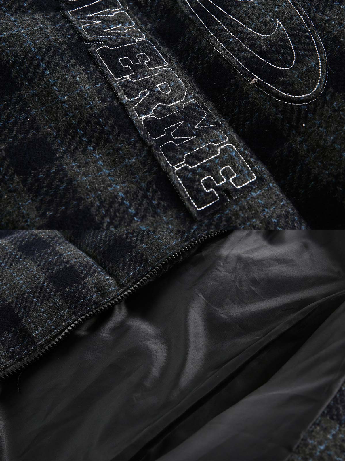 製品画像
「クラシックなチェック柄デザインとモダンなバイカラースタイルが特徴のウール混スタンドカラー中綿ジャケット。防寒性とスタイリッシュさを両立した全体の展示画像。」
詳細画像
「ジャケット背面に施されたブランド刺繍ディテールの特写と、軽量ポリエステル素材を採用したジッパーのクローズアップ画像。」