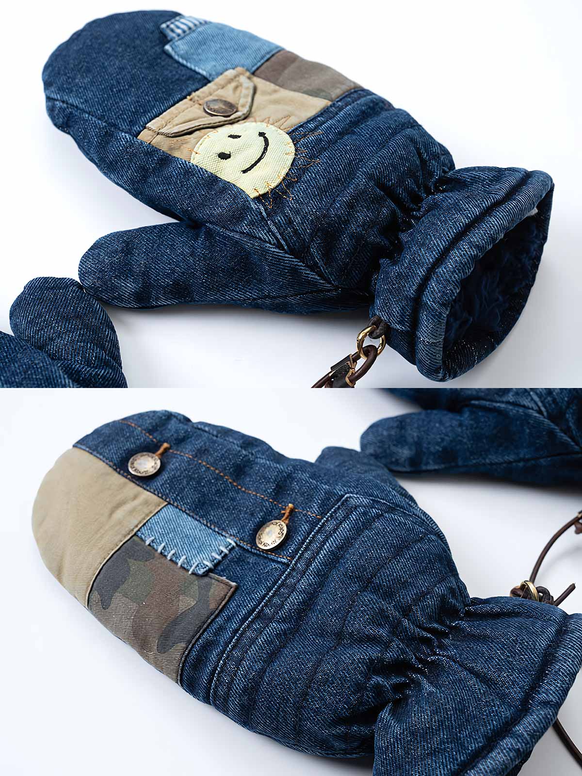 製品画像
「デコンストラクション(再構造)デザインとストーンウォッシュ加工を施したデニム生地が特徴のシープスキン裏地グローブ全体展示図。冬の保温性とカジュアルなデザイン性を兼ね備えた一品。」
詳細画像
「スマイル刺繍とデコンストラクション(再構造)を取り入れたパッチワークデザインのディテール特写。ストーンウォッシュ加工が施されたデニム生地とシープスキン風裏地の組み合わせが際立つ。」