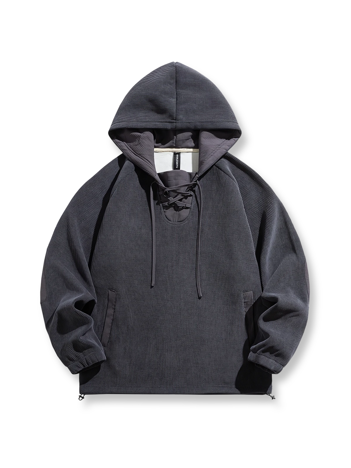 製品画像: レトロなバイカラー仕様とフード付きの裏起毛スウェット全体像、保温性とデザイン性を兼ね備えた秋冬向けカジュアルウェア。
詳細画像: バイカラーのドローストリングディテールと、暖かい裏起毛フリース素材のクローズアップ。