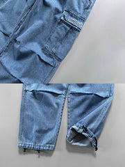 6色展開 多機能ポケットワイドレッグワークデニムパンツ