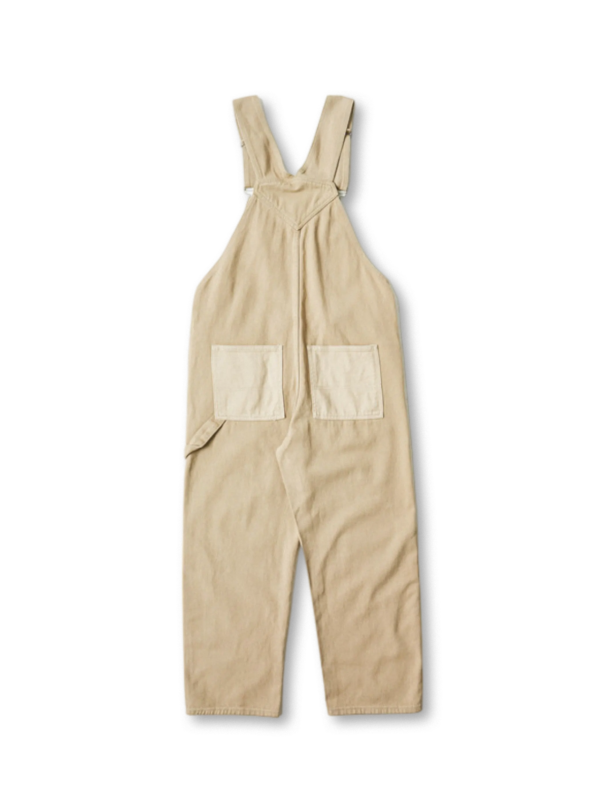 ベージュ×ライトベージュのパッチワークポケット付きオーバーオール全体像