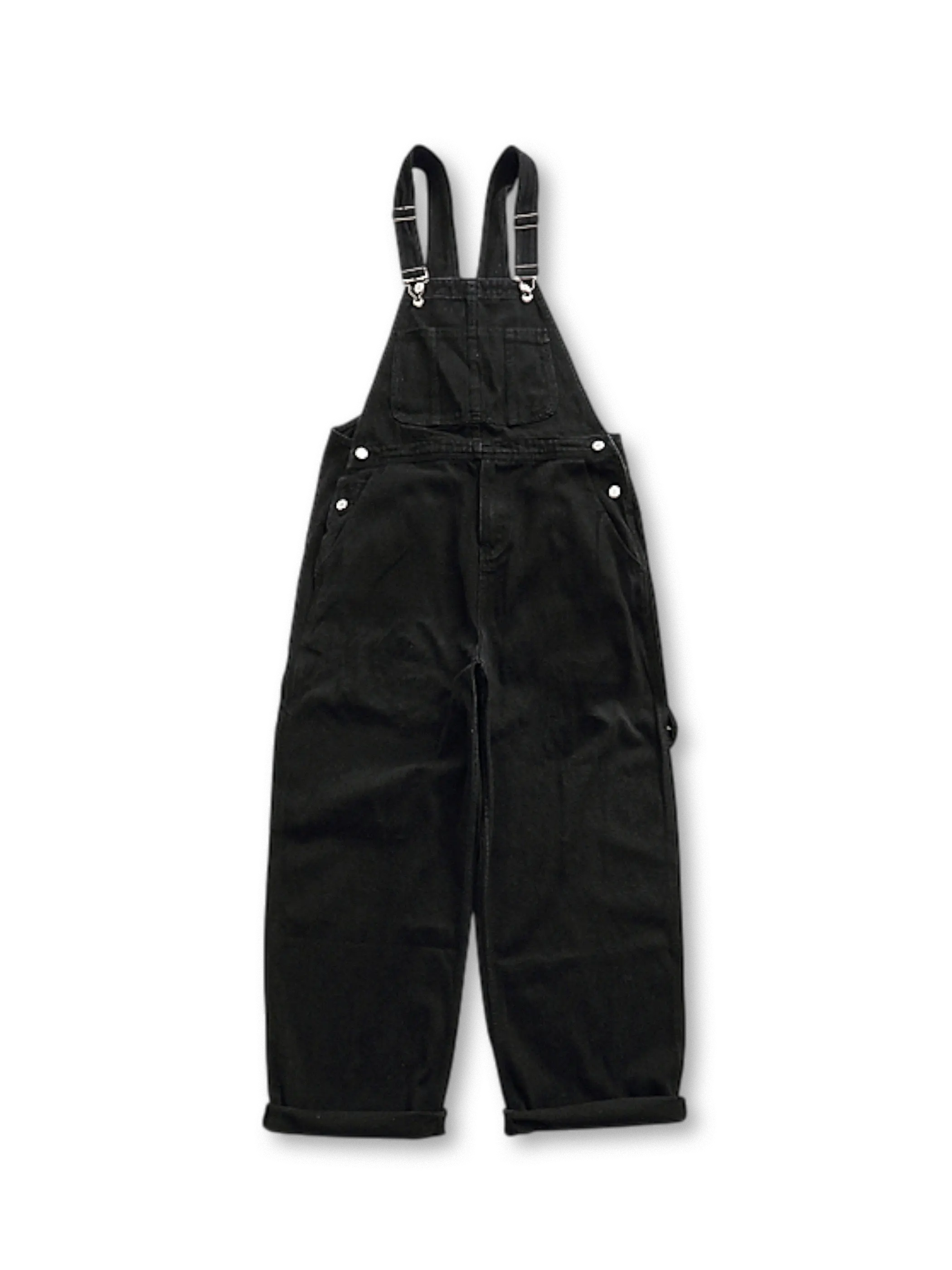 ダークブルーの厚手デニムにビンテージライクなユーズド加工を施したオーバーオール正面図