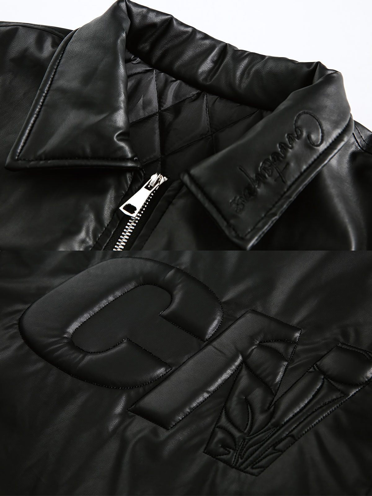 製品画像: レトロなメタルジッパー付きPUコットンジャケットのフロントビュー
詳細画像: クラシックな襟デザインとジッパーポケットのディテール特写