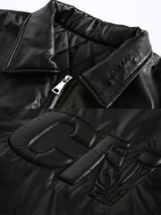 製品画像: レトロなメタルジッパー付きPUコットンジャケットのフロントビュー
詳細画像: クラシックな襟デザインとジッパーポケットのディテール特写