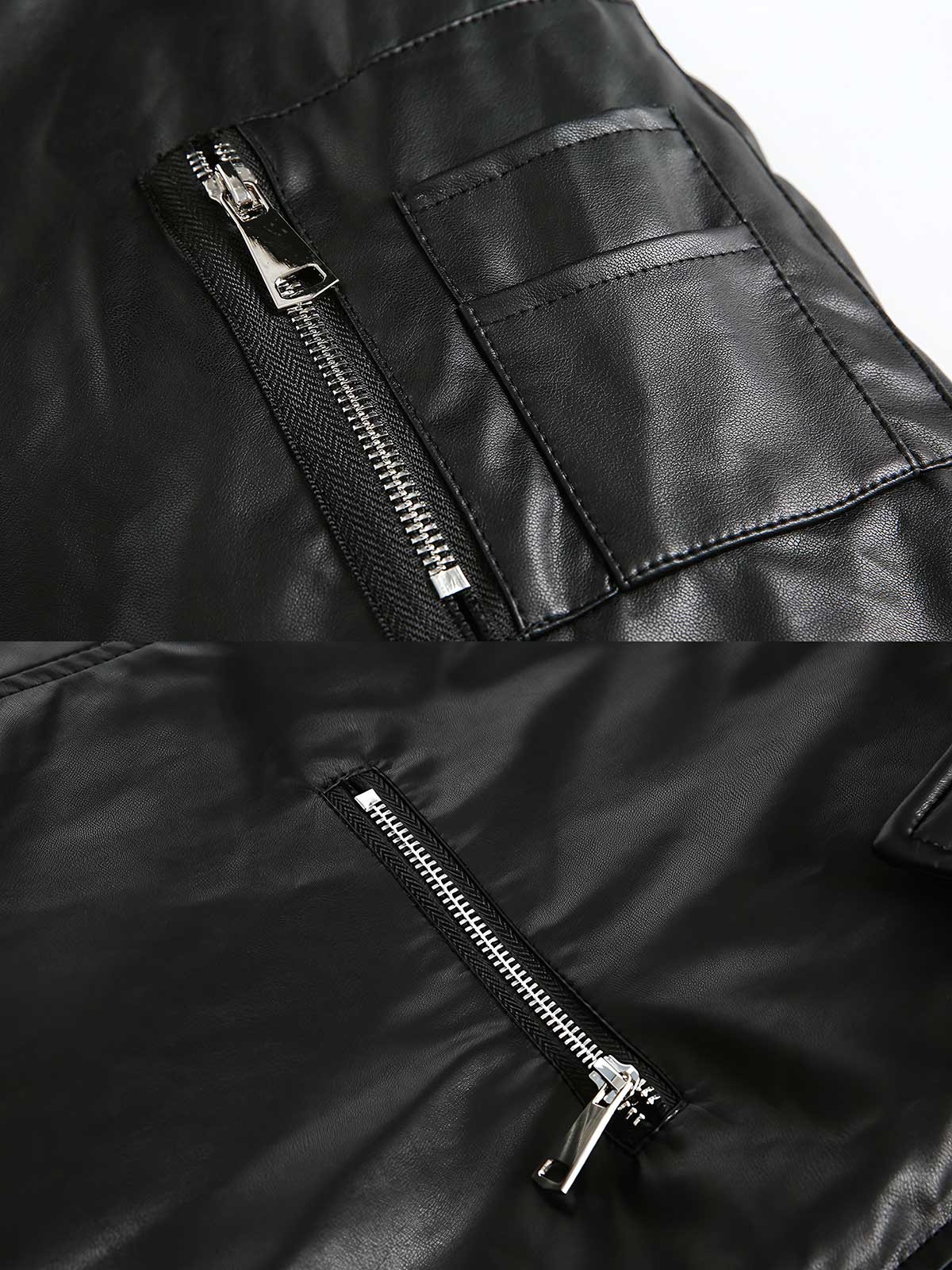 製品画像: レトロなメタルジッパー付きPUコットンジャケットのフロントビュー
詳細画像: クラシックな襟デザインとジッパーポケットのディテール特写