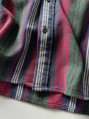 製品画像
「ヘビーフランネル素材を使用したストライプ長袖シャツ全体展示図。ウォッシュ加工によりヴィンテージ感が漂い、クラシックなアメリカンカジュアルスタイルを再現。」
詳細画像
「フランネル素材のテクスチャーと金属ボタンのディテール特写。ウォッシュ加工による自然な風合いと、実用的でデザイン性のある金属ボタンが魅力。」