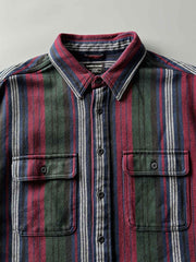 製品画像
「ヘビーフランネル素材を使用したストライプ長袖シャツ全体展示図。ウォッシュ加工によりヴィンテージ感が漂い、クラシックなアメリカンカジュアルスタイルを再現。」
詳細画像
「フランネル素材のテクスチャーと金属ボタンのディテール特写。ウォッシュ加工による自然な風合いと、実用的でデザイン性のある金属ボタンが魅力。」