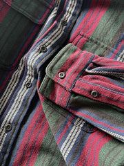 製品画像
「ヘビーフランネル素材を使用したストライプ長袖シャツ全体展示図。ウォッシュ加工によりヴィンテージ感が漂い、クラシックなアメリカンカジュアルスタイルを再現。」
詳細画像
「フランネル素材のテクスチャーと金属ボタンのディテール特写。ウォッシュ加工による自然な風合いと、実用的でデザイン性のある金属ボタンが魅力。」