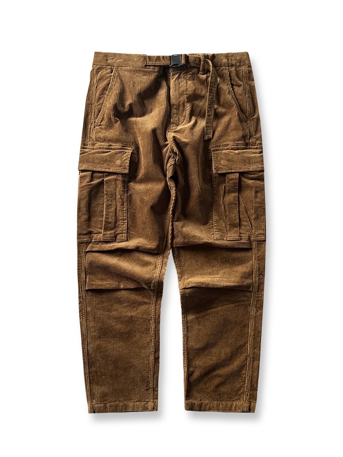 製品画像
「重厚なコーデュロイ素材を使用したカーゴパンツの全体展示図。クラシックなヴィンテージスタイルと快適な履き心地を兼ね備え、テーパードシルエットが脚のラインを美しく見せるデザイン。」
詳細画像
「カーゴパンツの斜め立体ポケットのディテール特写。収納性を高めるだけでなく、全体にカーゴスタイルの立体感を加えたデザイン。」