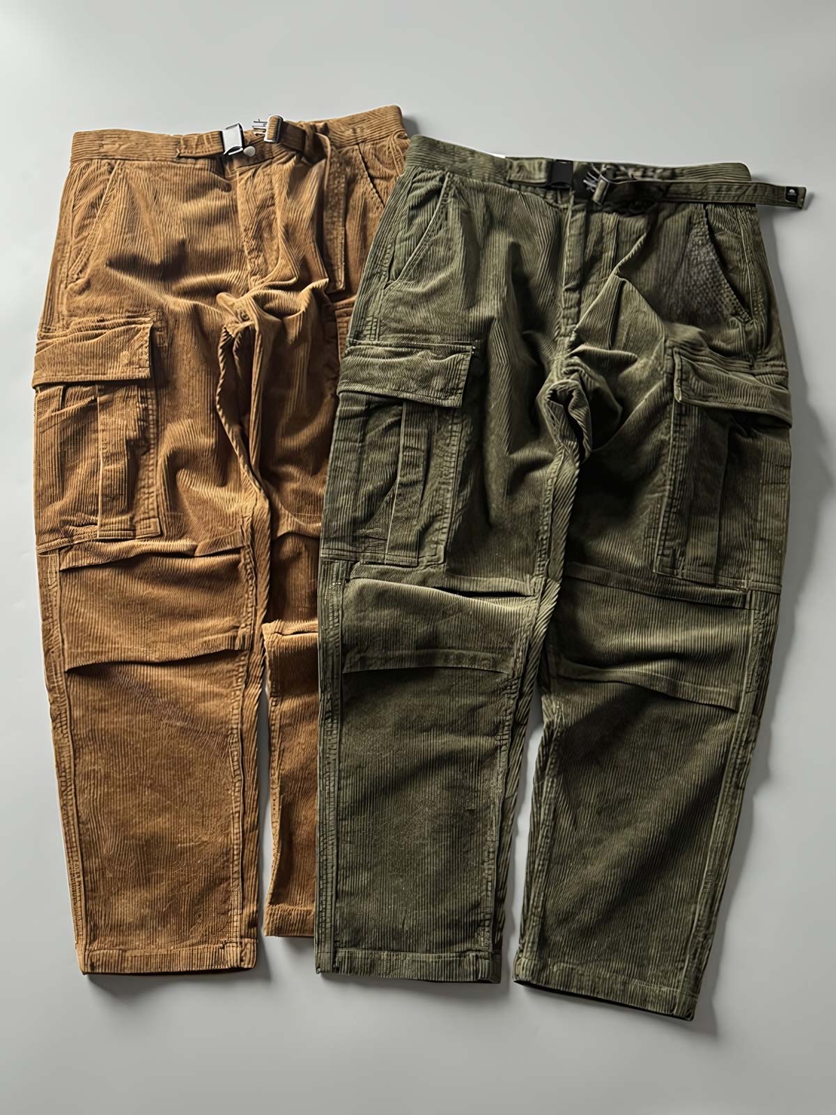 製品画像
「重厚なコーデュロイ素材を使用したカーゴパンツの全体展示図。クラシックなヴィンテージスタイルと快適な履き心地を兼ね備え、テーパードシルエットが脚のラインを美しく見せるデザイン。」
詳細画像
「カーゴパンツの斜め立体ポケットのディテール特写。収納性を高めるだけでなく、全体にカーゴスタイルの立体感を加えたデザイン。」