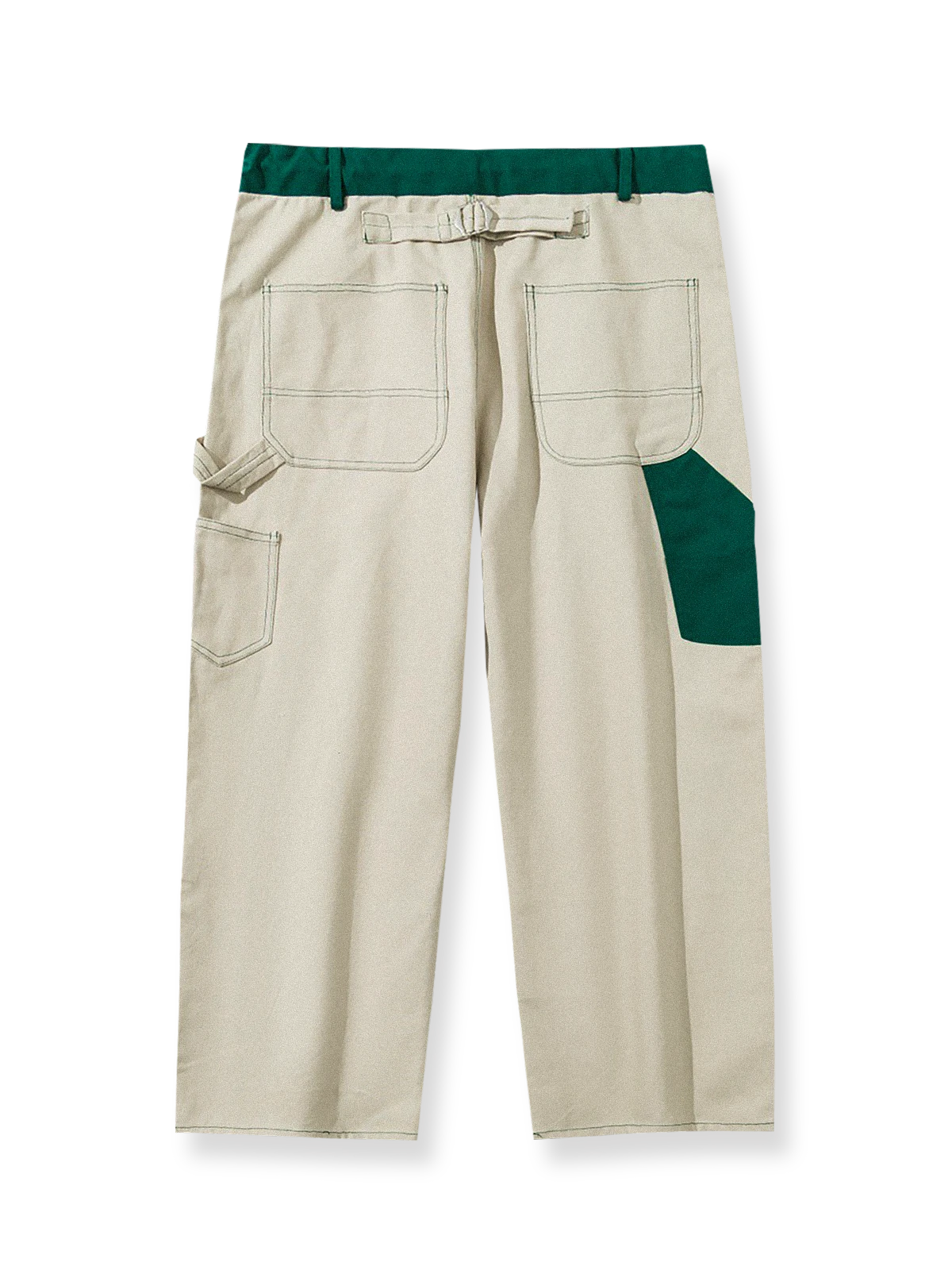 製品画像: 厚手キャンバスワークパンツの正面展示図。高密度キャンバス生地を使用した丈夫な素材感とシンプルでシャープなストレートシルエット。
詳細画像: ワークパンツのカラーブロックデザイン、ウエスト部分のドローコードによる調節機能とサイドポケットのディテール。