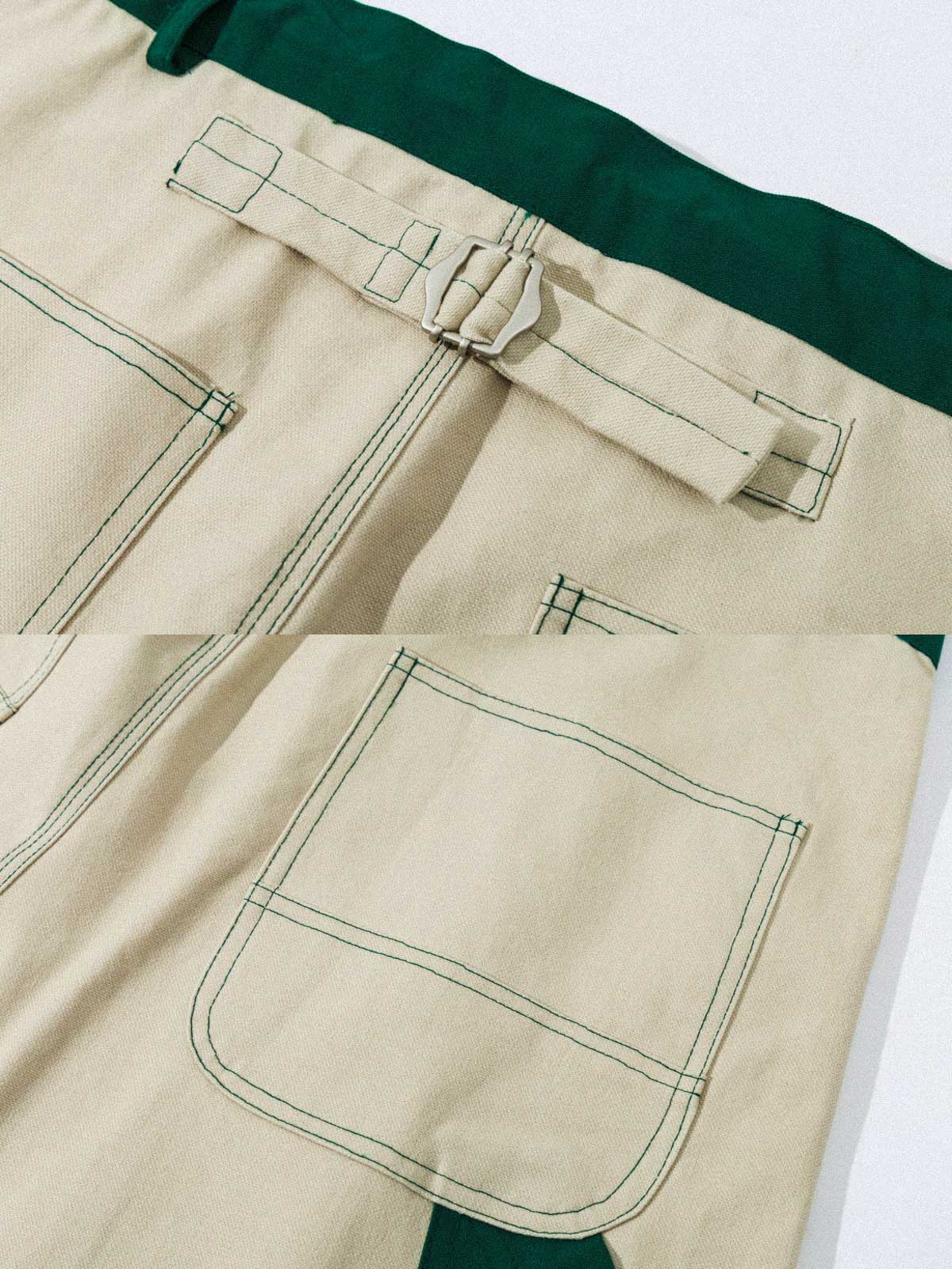 製品画像: 厚手キャンバスワークパンツの正面展示図。高密度キャンバス生地を使用した丈夫な素材感とシンプルでシャープなストレートシルエット。
詳細画像: ワークパンツのカラーブロックデザイン、ウエスト部分のドローコードによる調節機能とサイドポケットのディテール。