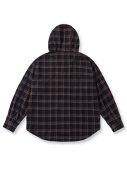 ヴィンテージウォッシュ加工のヘビーフランネルチェック柄フーディーシャツの平置き画像