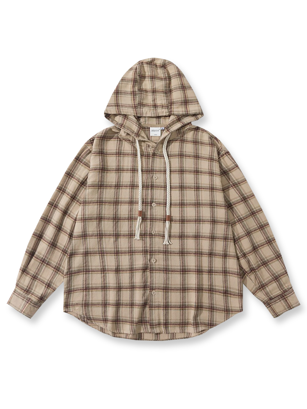 チェック柄の生地とフーディーのデザインに施されたヴィンテージ加工のディテールクローズアップ