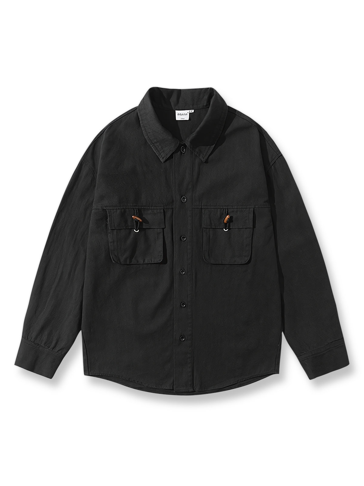 ヘリンボーン柄立体ポケット木ボタンコットンシャツの全体展示