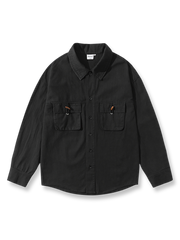 ヘリンボーン柄立体ポケット木ボタンコットンシャツの全体展示