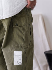 詳細画像
バティック染めによる独特なテクスチャーや、取り外し可能なナイロンベルト、UTX Duraflexバックル、そして膝部分の補強パッチとYKK製カスタムジッパーのディテールショット。高い機能性が際立つ細部。
モデル画像
ヴィンテージミリタリーテイストの多ポケットロングパンツを着用したモデルが、アウトドアコーディネートを披露。裾ドローコードで調節したリラックスシルエットが魅力のスタイル。