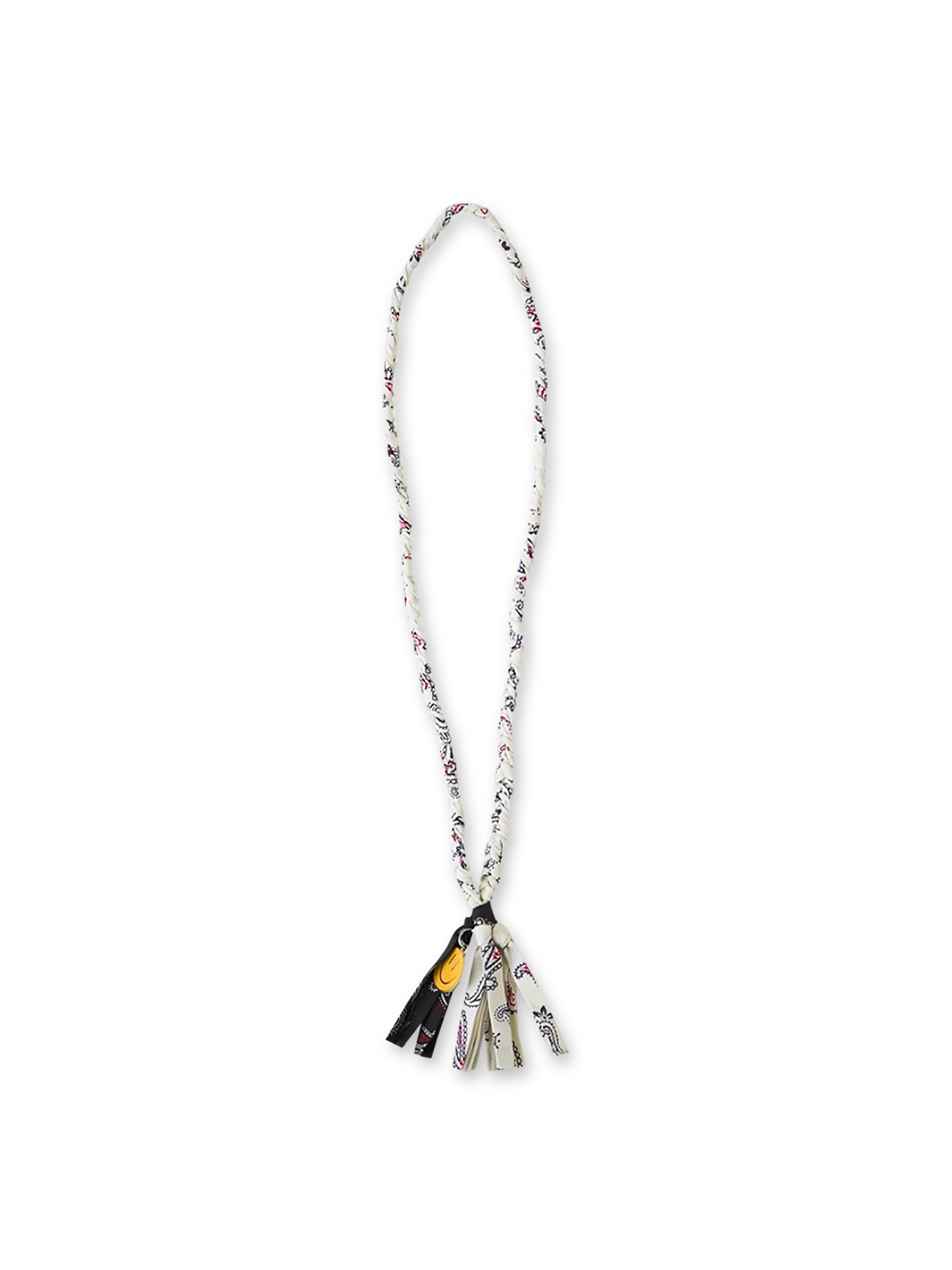 製品画像
日本製のSEVENBERRYペイズリー柄生地を使用したハンドメイドネックレス全体画像。ヴィンテージ感のあるデザインと手描きスマイルチャームが融合したユニークなアクセサリー。
詳細画像
繊細なペイズリー柄プリントと手描きスマイルチャームのディテールを強調したクローズアップ画像。ハンドメイドの立体感と奥行きが感じられるデザイン。