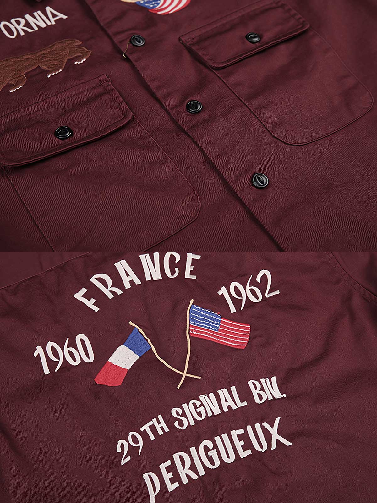 製品画像
厚手キャンバス生地で作られた刺繍キャンバスシャツの全体画像。1960年代のミリタリーユニフォームを再現したヴィンテージ感あるデザインが特徴。
詳細画像
フランス・ペリグーとアメリカ・カリフォルニア州をモチーフにした繊細な刺繍ディテールのクローズアップ。実用的なフラップ付きポケットも強調。