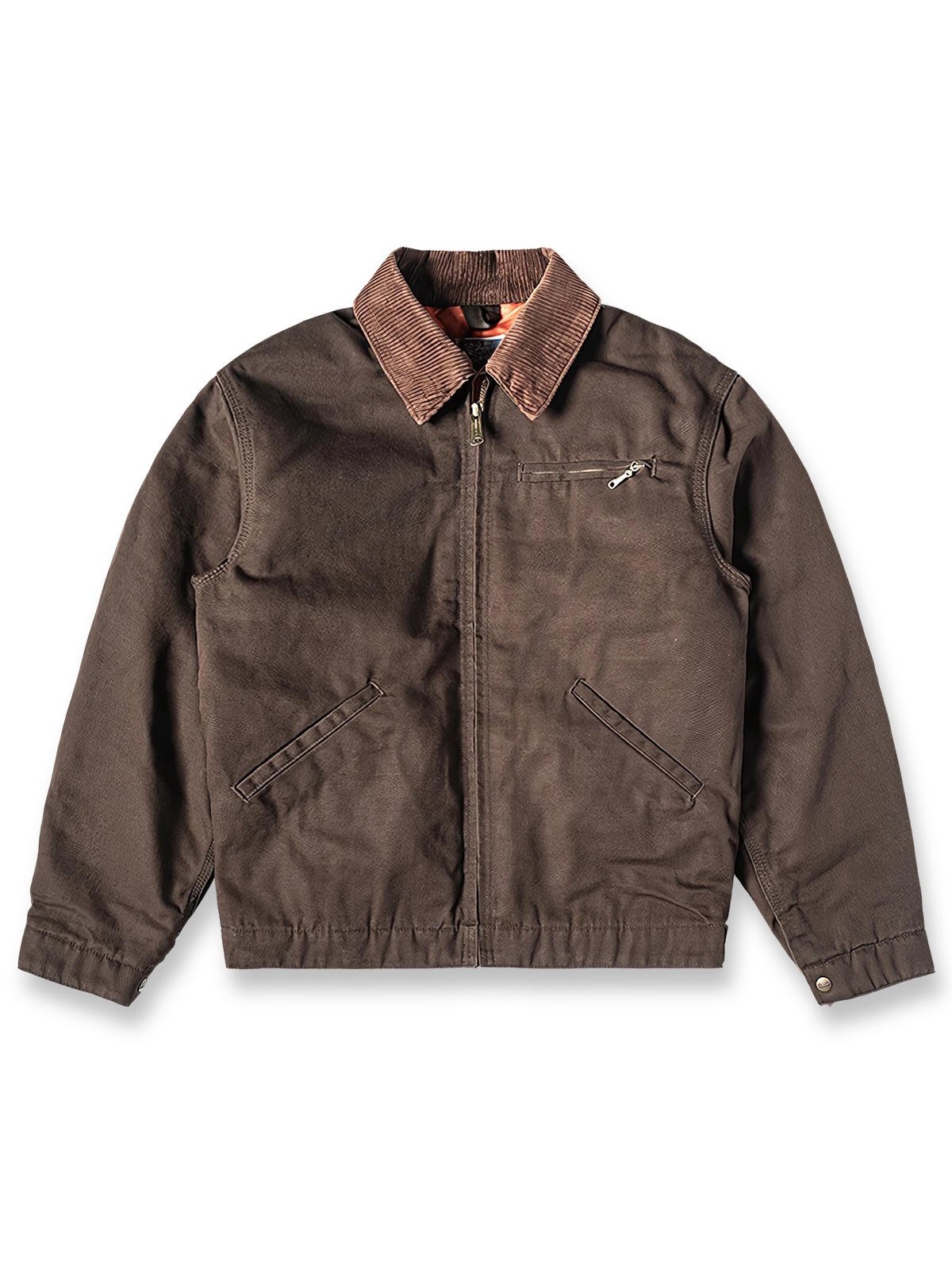 製品画像
デトロイトの1950年代ワーカーファッションにインスパイアされたオープンカラー キャンバス ショートジャケット全体画像。高密度コットンキャンバス素材とクラシックなデザインが特徴。
詳細画像
キルティング加工された裏地、柔らかなコーデュロイ素材の襟、斜め配置の大容量ポケットなど、機能性とデザイン性を両立したディテールのクローズアップ画像。