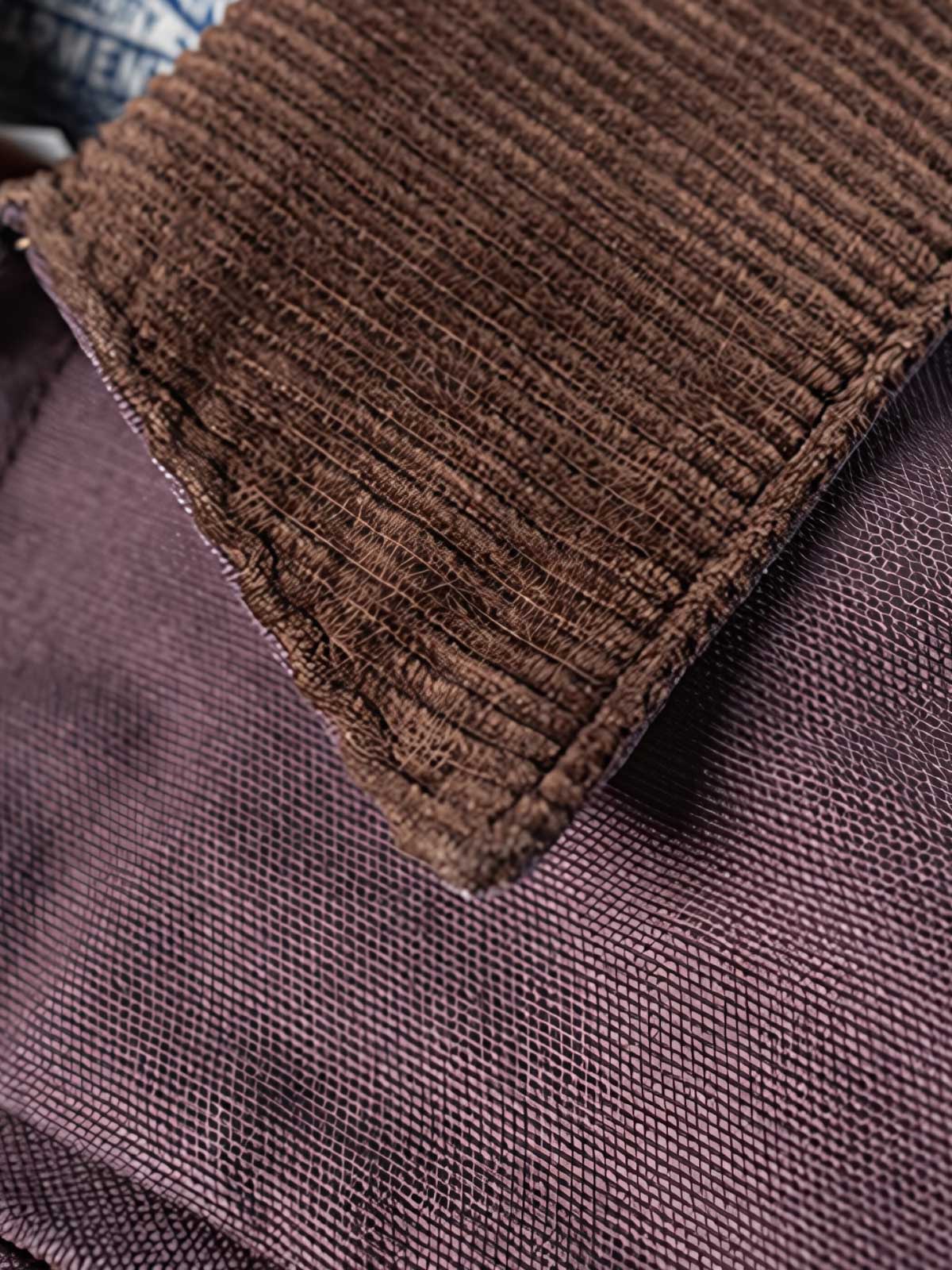 製品画像
デトロイトの1950年代ワーカーファッションにインスパイアされたオープンカラー キャンバス ショートジャケット全体画像。高密度コットンキャンバス素材とクラシックなデザインが特徴。
詳細画像
キルティング加工された裏地、柔らかなコーデュロイ素材の襟、斜め配置の大容量ポケットなど、機能性とデザイン性を両立したディテールのクローズアップ画像。