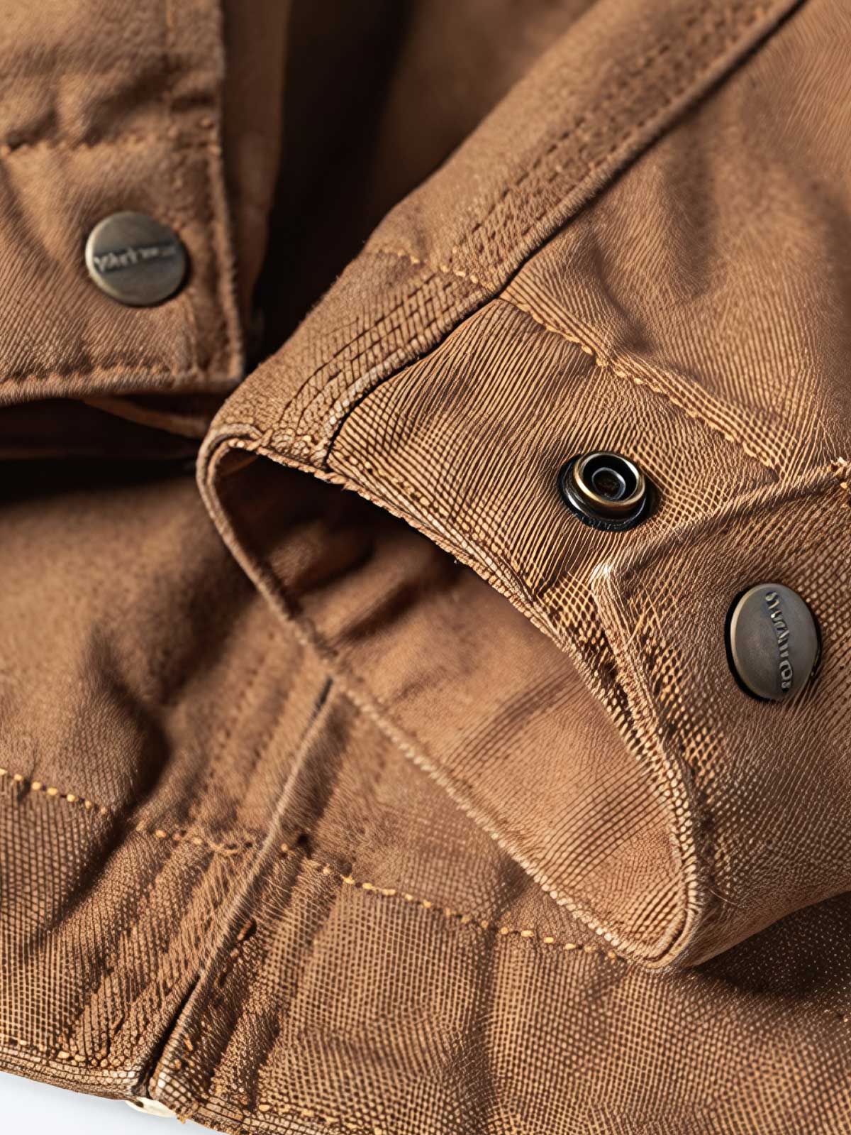 製品画像
デトロイトの1950年代ワーカーファッションにインスパイアされたオープンカラー キャンバス ショートジャケット全体画像。高密度コットンキャンバス素材とクラシックなデザインが特徴。
詳細画像
キルティング加工された裏地、柔らかなコーデュロイ素材の襟、斜め配置の大容量ポケットなど、機能性とデザイン性を両立したディテールのクローズアップ画像。