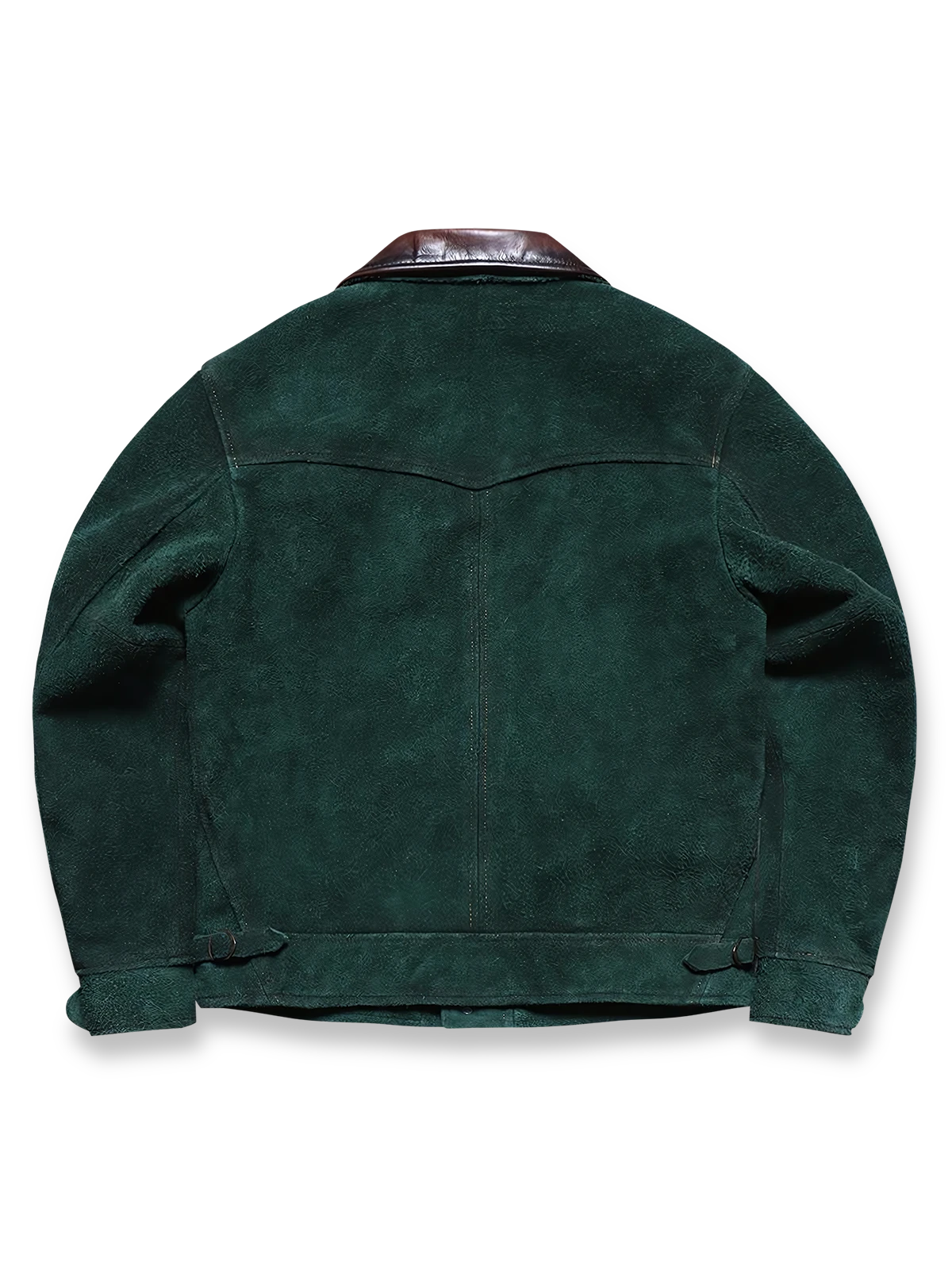 製品画像
「3ポケットデザインが特徴の本革ヌバックレザージャケット全体展示画像。ダークピーコックグリーンとオイルワックス加工された襟のバイカラーデザインが高級感を演出し、クラシックかつヴィンテージな風合いを備えた一着。3ポケット、本革、ヌバック、レザージャケット、ダークピーコックグリーン、オイルワックス加工、ヴィンテージデザイン。」
詳細画像
「本革ヌバックレザージャケットのダークピーコックグリーンとオイルワックス加工が施された襟部分のディテール特写。手作業による染色とエイジング加工が特徴で、滑らかな質感と繊細な起毛仕上げが一目でわかるデザイン。3ポケット、本革、ヌバック、レザージャケット、ダークピーコックグリーン、オイルワックス加工、ヴィンテージデザイン。」