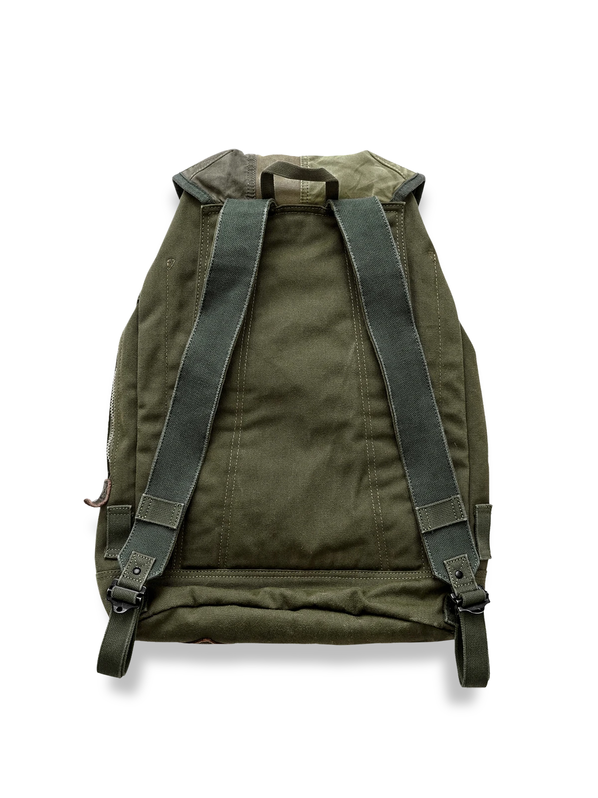 レトロなピンカラーキャンバスとレザーを組み合わせた登山リュックの全体図