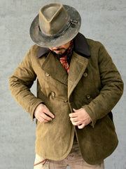 厚手コットンxレザー ダブルブレスト中綿ジャケット