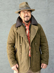 厚手コットンxレザー ダブルブレスト中綿ジャケット