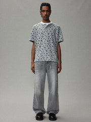 小花柄ヘンリーネック半袖Tシャツ