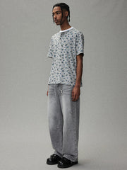 小花柄ヘンリーネック半袖Tシャツ