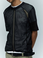 詳細画像:サイクリングジャケットのダブルジッパーとパッチディテール