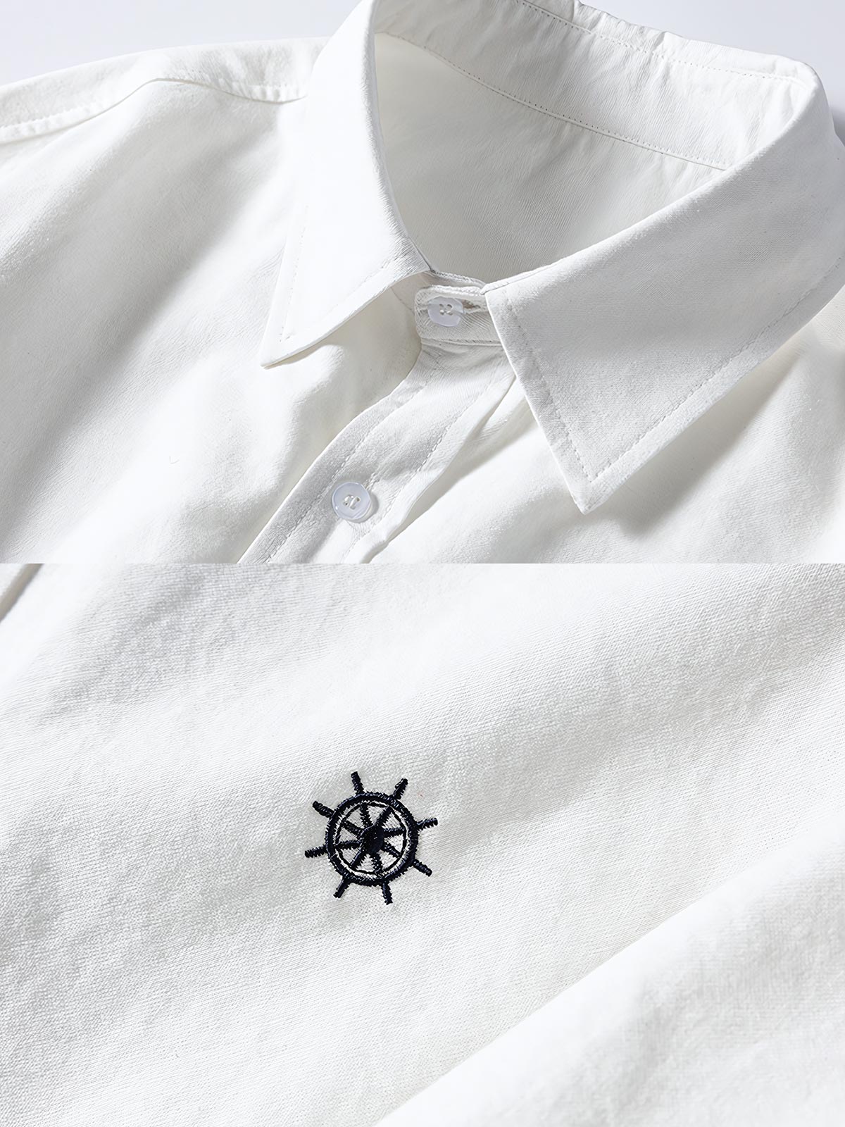 製品画像
「クラシックなブルーストライプと精巧な舵の刺繍を施した長袖シャツの全体展示図。ヴィンテージ感とエレガンスを兼ね備えたデザインが特徴。」
詳細画像
「小さくて精巧な舵刺繍ディテールの特写。航海テーマを表現した刺繍がヴィンテージ感を引き立て、デザイン性と機能性を兼ね備えています。」