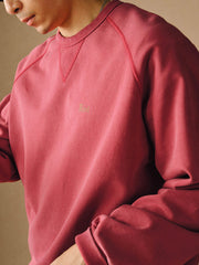 詳細画像
「胸元の英文字プリントとスノーウォッシュ加工による色落ち感が際立つ生地のディテールクローズアップ。柔らかな肌触りと褪色の質感が魅力。」
モデル画像
「モデルがピンクベージュの色落ち加工スウェットを着用し、カジュアルパンツと合わせたレトロでスポーティなヴィンテージ風コーディネート。」