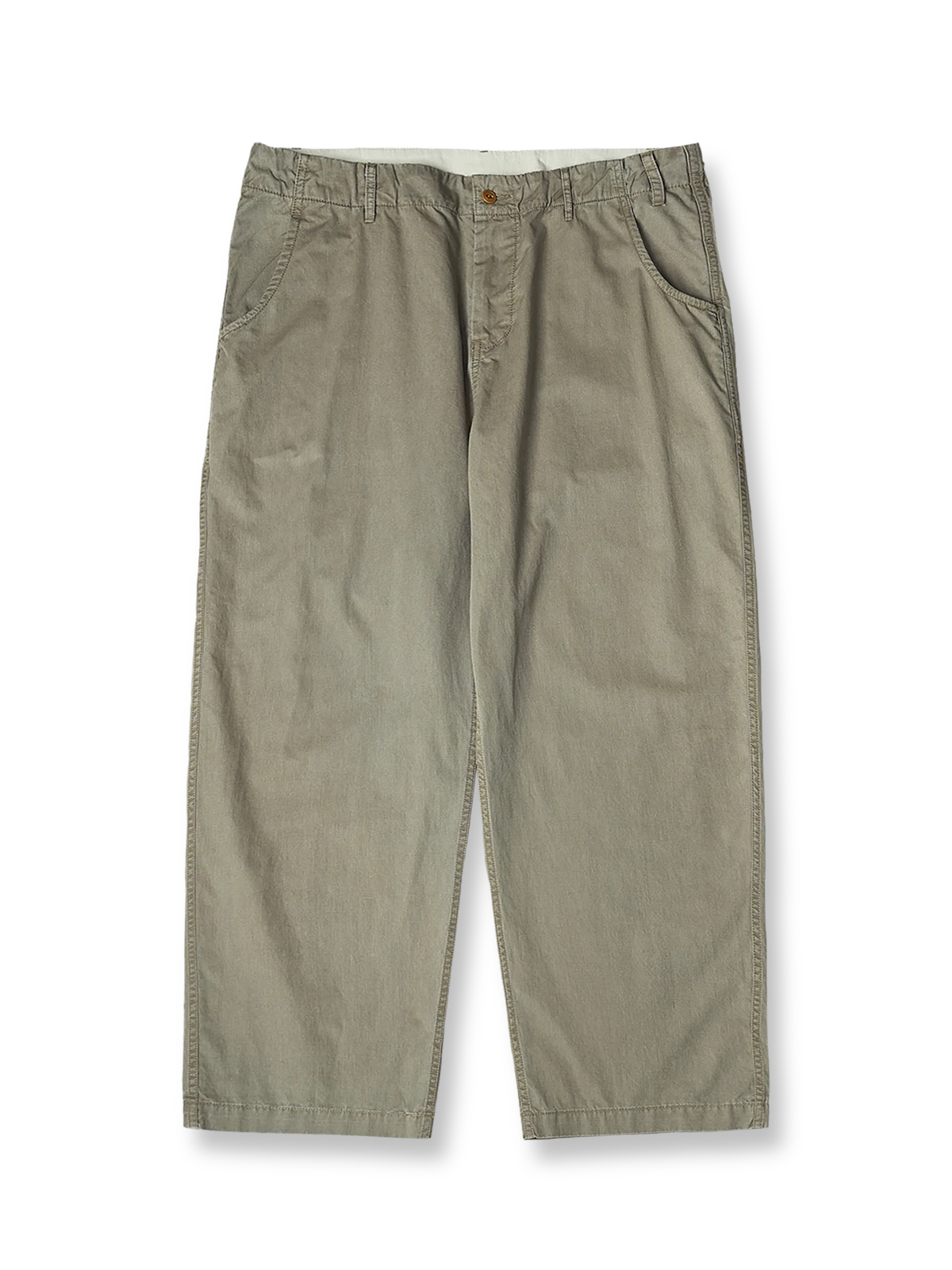 製品画像
「ヴィンテージ加工を施したスラブ織りテクスチャーパンツ全体イメージ。195gコットンスラブツイル生地とストーンウォッシュ加工による竹節模様が特徴。」
詳細画像
「スラブツイルの竹節模様とヘリンボーンパターンの切り替えデザインをクローズアップ。自然な色褪せ感とパイピング仕上げが高級感を引き立てるディテール。」