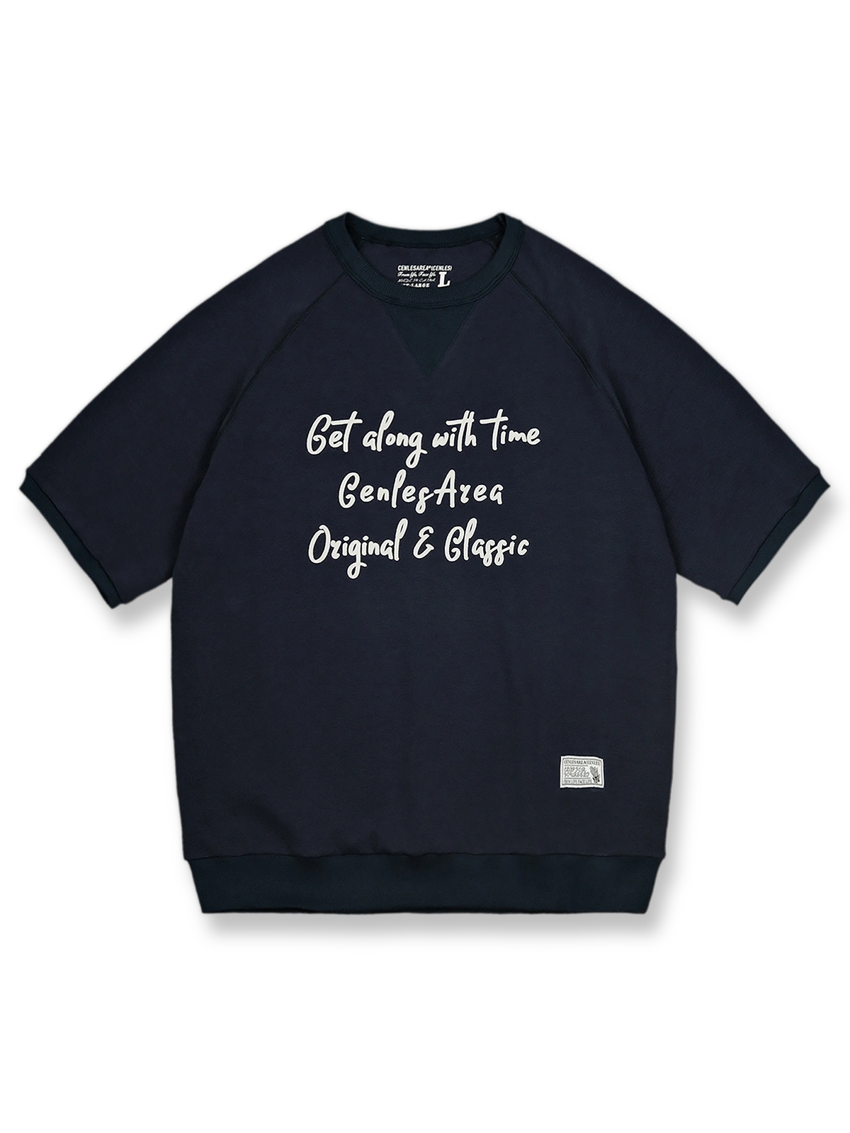 アメリカンレトロスタイルのワッフル格子模様のラグランスリーブ半袖Tシャツの正面ビュー。ネックラインに三角形の補強が施され、レトロなデザインが際立っています。