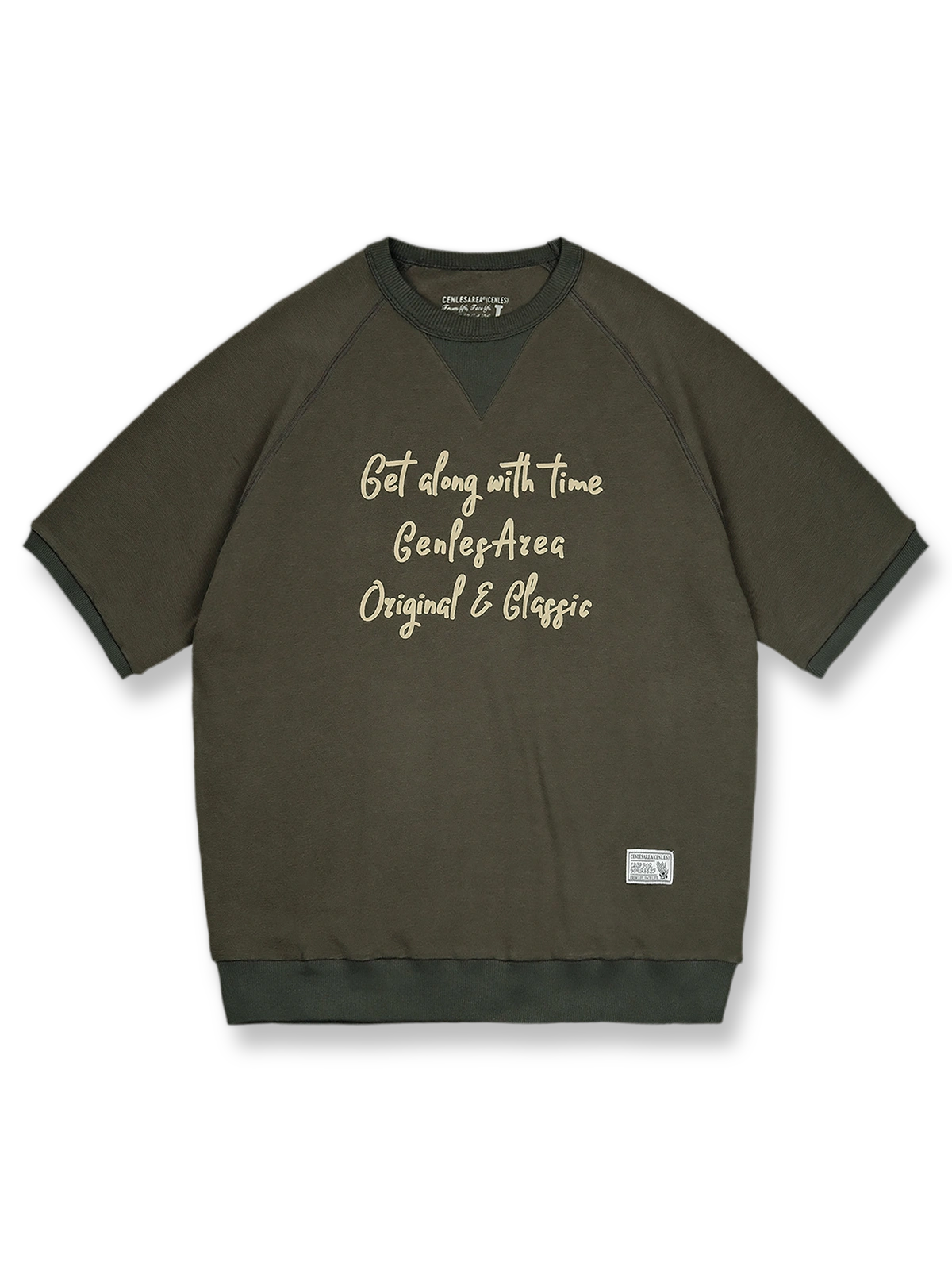 アメリカンレトロスタイルのワッフル格子模様のラグランスリーブ半袖Tシャツの正面ビュー。ネックラインに三角形の補強が施され、レトロなデザインが際立っています。