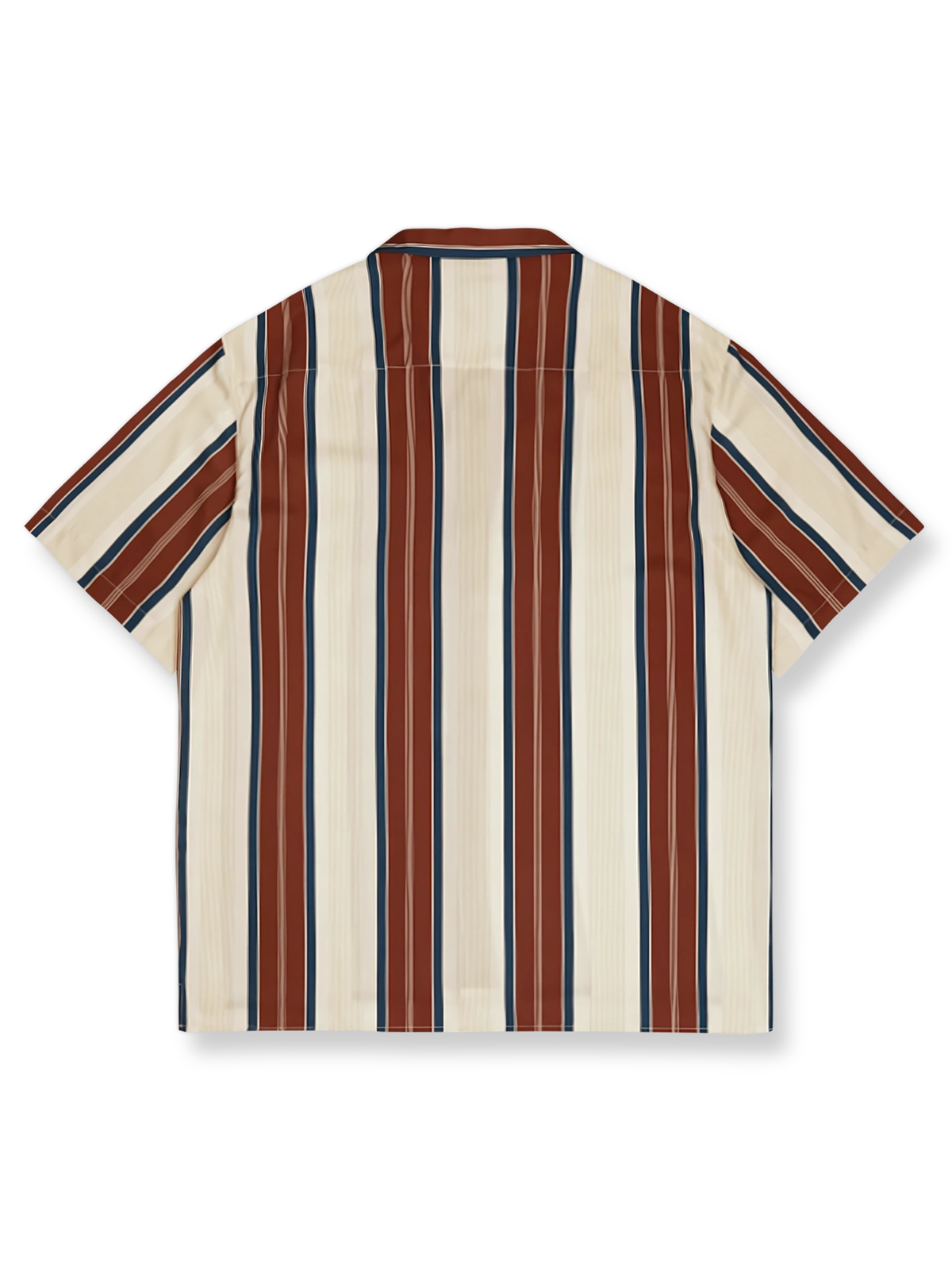 大胆な色使いとクラシックなストライプパターンが特徴のレトロスタイルの日本風ストライプハワイアン半袖シャツ。ゆったりとしたデザインで、着用時の快適さと自由度を提供します。