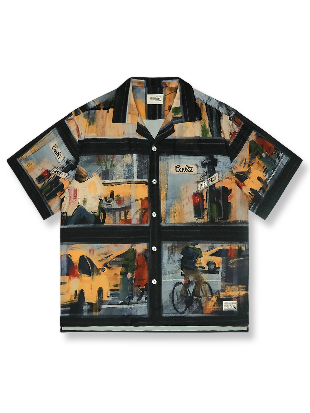ゆったりしたシルエットの雨の日街景油画風ハワイアンシャツ。軽やかで通気性に優れたポリエステル混紡生地を使用し、各セクションで異なる雨中の街角と行人がデジタルプリントされています。