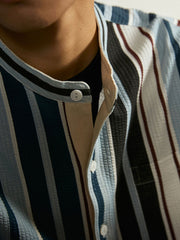 プルオーバー スタンドカラー ストライプ 半袖シャツ