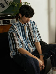 プルオーバー スタンドカラー ストライプ 半袖シャツ