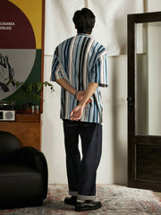 プルオーバー スタンドカラー ストライプ 半袖シャツ