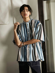 プルオーバー スタンドカラー ストライプ 半袖シャツ