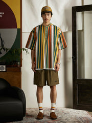 プルオーバー スタンドカラー ストライプ 半袖シャツ