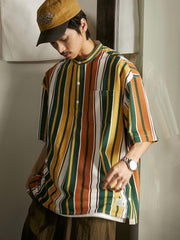 プルオーバー スタンドカラー ストライプ 半袖シャツ