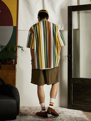 プルオーバー スタンドカラー ストライプ 半袖シャツ