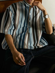 プルオーバー スタンドカラー ストライプ 半袖シャツ